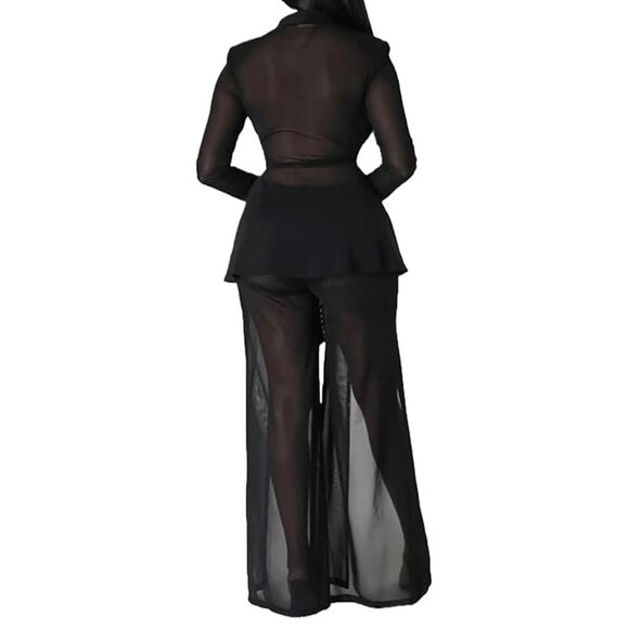 Women's Sexy 2 Piece Outfit See Through Clubwear Mesh Tie Front Slit Leg Black M - Picture 2 of 6